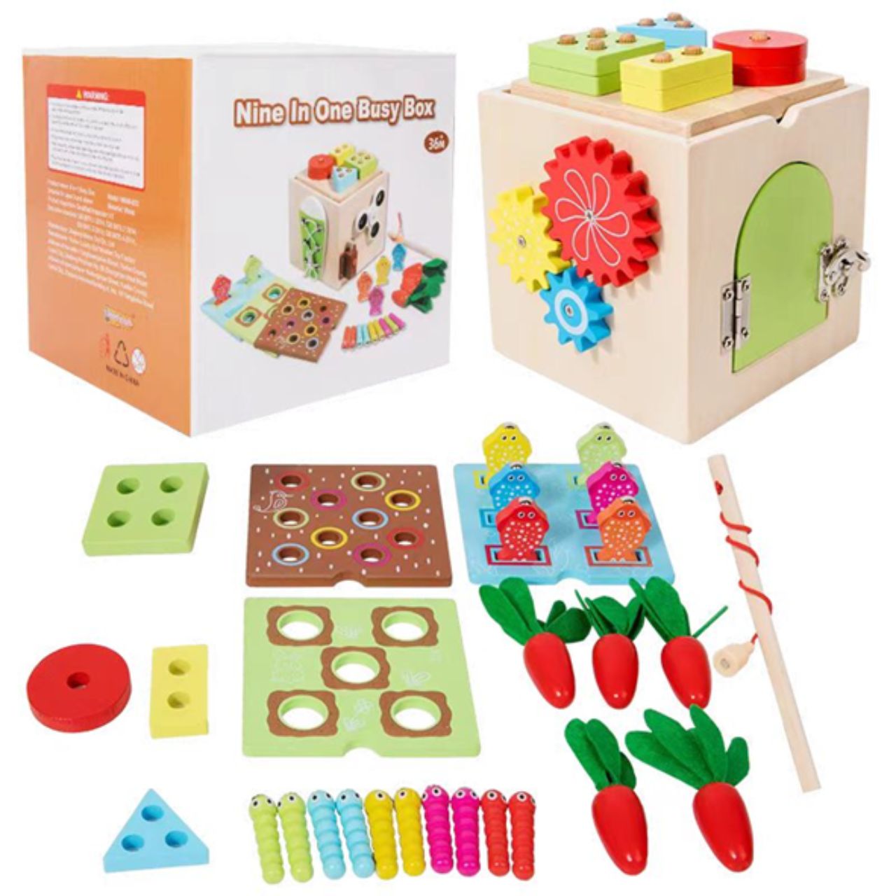 wooden busy box Wooden brain cube 9 in 1 - Image 1